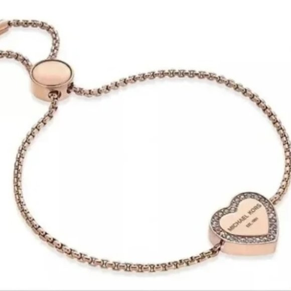 Michael Kors Rose Gold Heritage Pave Logo Heart Slider Bolo Bracelet - Picture 2 of 6